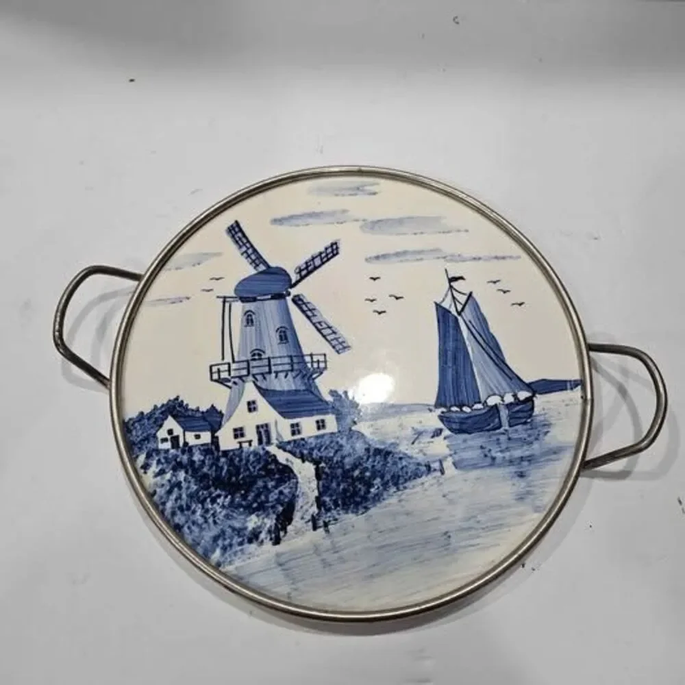Vintage Dutch Delft Blue Windmill Sailboat Trivet Hot Plate with Handles.